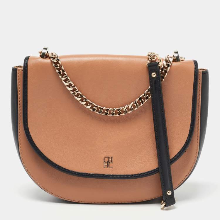 Pre Owned CH Carolina Herrera Brown/Black Leather Flap Chain Shoulder Bag