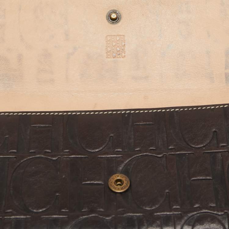 Pre Owned CH Carolina Herrera Brown/Beige Monogram Embossed Leather Continental Wallet