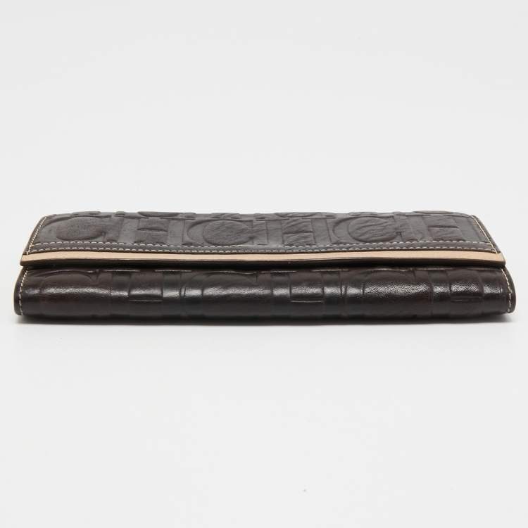 Pre Owned CH Carolina Herrera Brown/Beige Monogram Embossed Leather Continental Wallet