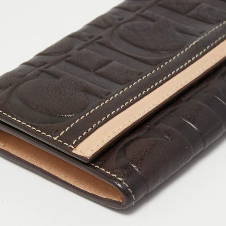 Pre Owned CH Carolina Herrera Brown/Beige Monogram Embossed Leather Continental Wallet
