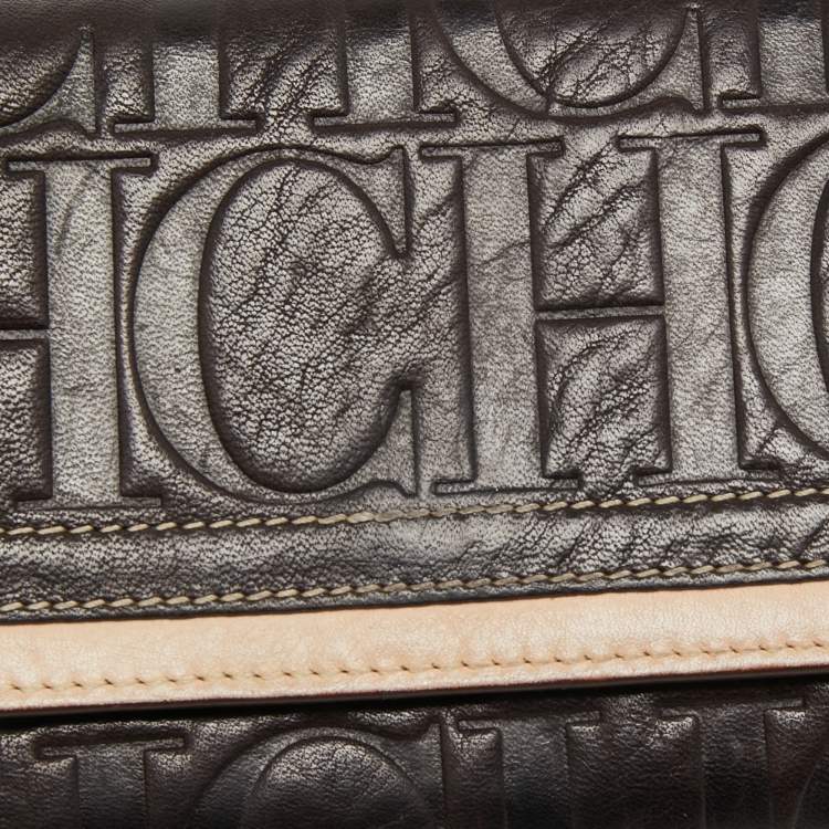 Pre Owned CH Carolina Herrera Brown/Beige Monogram Embossed Leather Continental Wallet