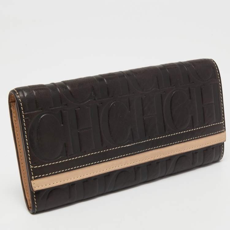 Pre Owned CH Carolina Herrera Brown/Beige Monogram Embossed Leather Continental Wallet