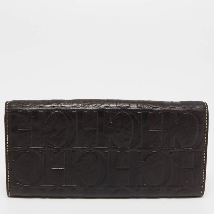 Pre Owned CH Carolina Herrera Brown/Beige Monogram Embossed Leather Continental Wallet