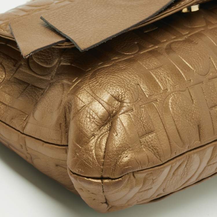 Pre Owned CH Carolina Herrera Metallic Brown Monogram Embossed Leather Audrey Shoulder Bag