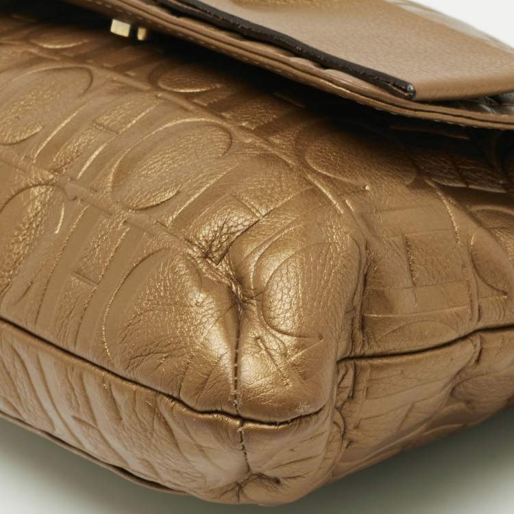 Pre Owned CH Carolina Herrera Metallic Brown Monogram Embossed Leather Audrey Shoulder Bag