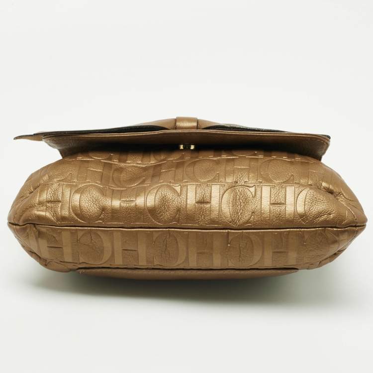 Pre Owned CH Carolina Herrera Metallic Brown Monogram Embossed Leather Audrey Shoulder Bag