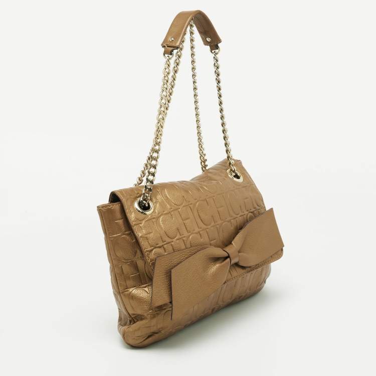 Pre Owned CH Carolina Herrera Metallic Brown Monogram Embossed Leather Audrey Shoulder Bag