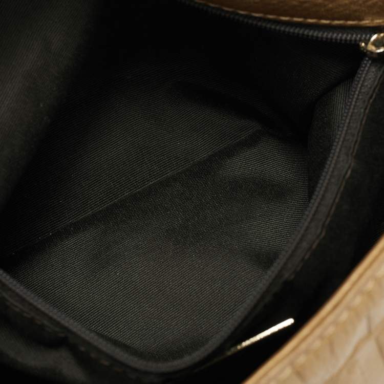 Pre Owned CH Carolina Herrera Metallic Brown Monogram Embossed Leather Audrey Shoulder Bag