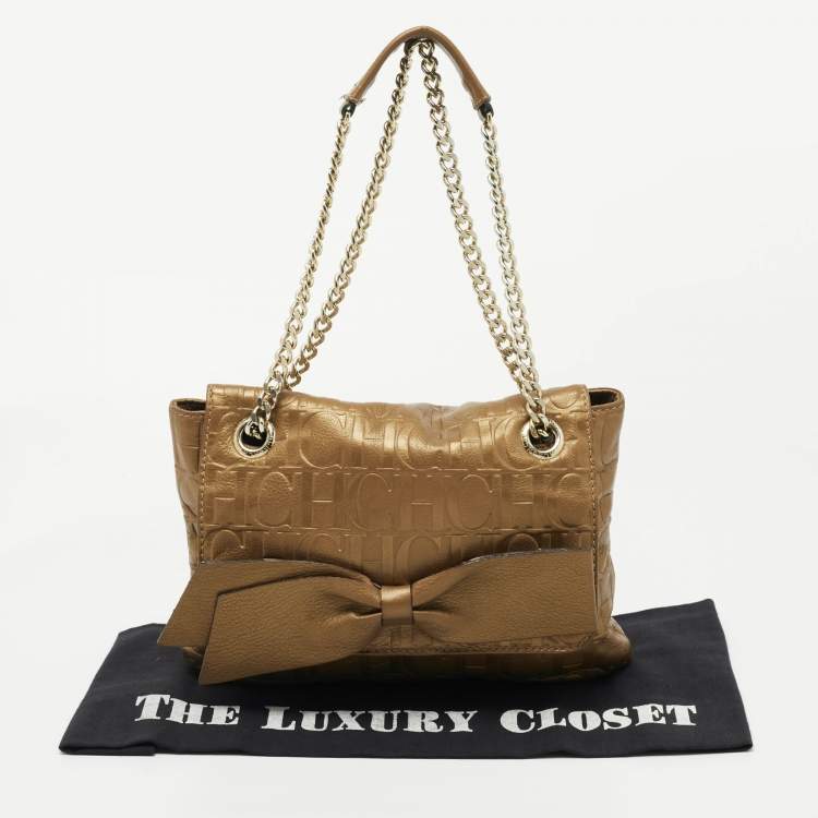Pre Owned CH Carolina Herrera Metallic Brown Monogram Embossed Leather Audrey Shoulder Bag