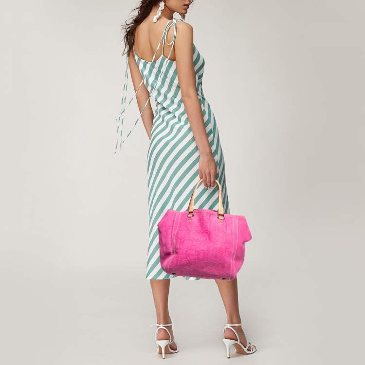 Pre Owned CH Carolina Herrera Fuchsia Monogram Embossed Leather Andy Tote