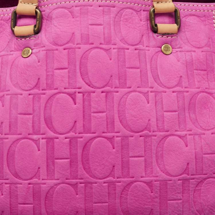 Pre Owned CH Carolina Herrera Fuchsia Monogram Embossed Leather Andy Tote