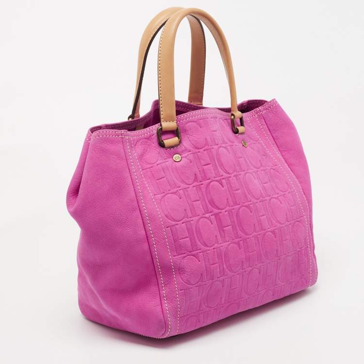Pre Owned CH Carolina Herrera Fuchsia Monogram Embossed Leather Andy Tote
