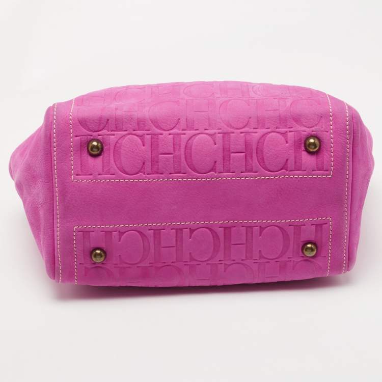 Pre Owned CH Carolina Herrera Fuchsia Monogram Embossed Leather Andy Tote