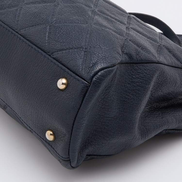 Pre Owned CH Carolina Herrera Navy Blue Diamond Embossed Leather Chain Shopper Tote
