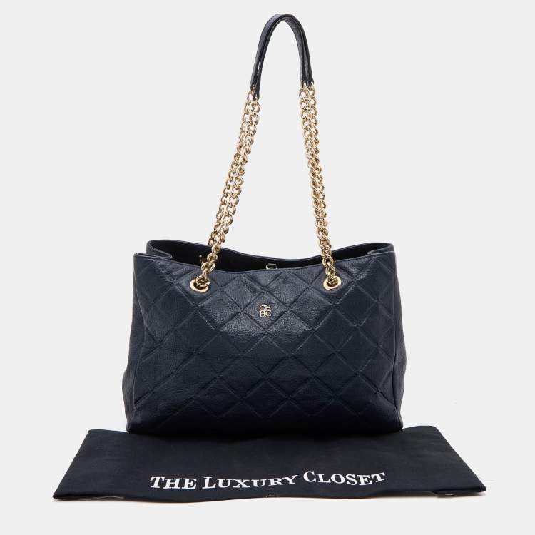 Pre Owned CH Carolina Herrera Navy Blue Diamond Embossed Leather Chain Shopper Tote