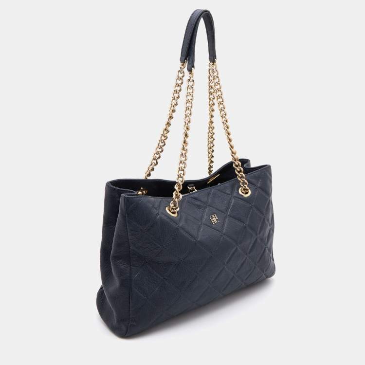 Pre Owned CH Carolina Herrera Navy Blue Diamond Embossed Leather Chain Shopper Tote