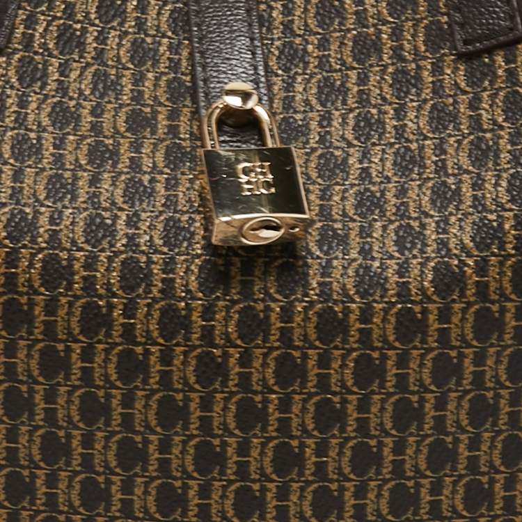 Pre Owned Carolina Herrera Dark Brown Monogram Coated Canvas and Leather Small Matryoshka Locked Tote