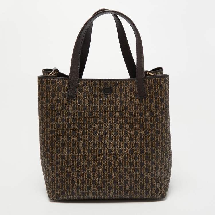 Pre Owned Carolina Herrera Dark Brown Monogram Coated Canvas and Leather Small Matryoshka Locked Tote