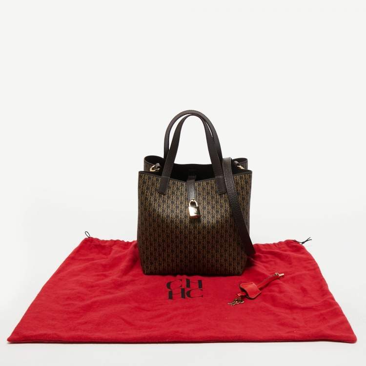 Pre Owned Carolina Herrera Dark Brown Monogram Coated Canvas and Leather Small Matryoshka Locked Tote
