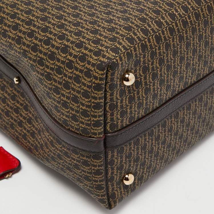 Pre Owned Carolina Herrera Dark Brown Monogram Coated Canvas and Leather Small Matryoshka Locked Tote