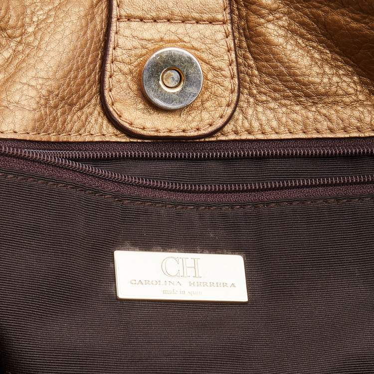 Pre Owned CH Carolina Herrera Gold Monogram Leather Audrey Tote