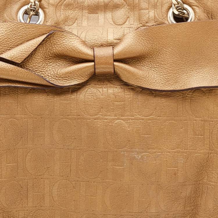 Pre Owned CH Carolina Herrera Gold Monogram Leather Audrey Tote