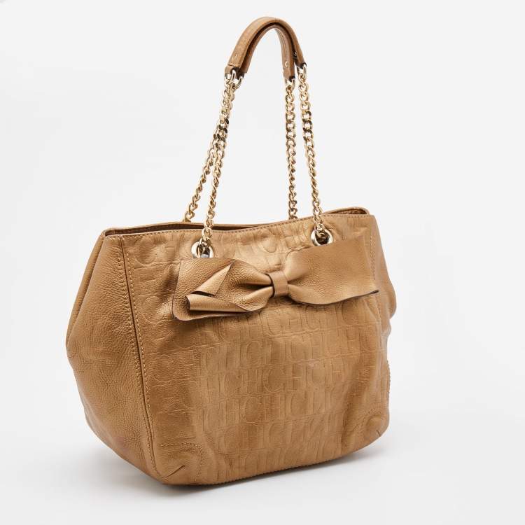 Pre Owned CH Carolina Herrera Gold Monogram Leather Audrey Tote