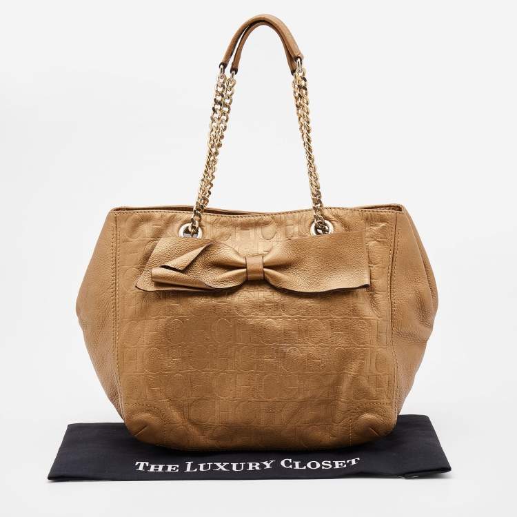 Pre Owned CH Carolina Herrera Gold Monogram Leather Audrey Tote