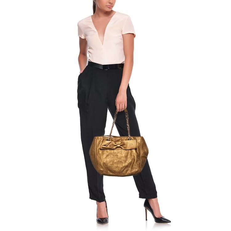 Pre Owned CH Carolina Herrera Gold Monogram Leather Audrey Tote