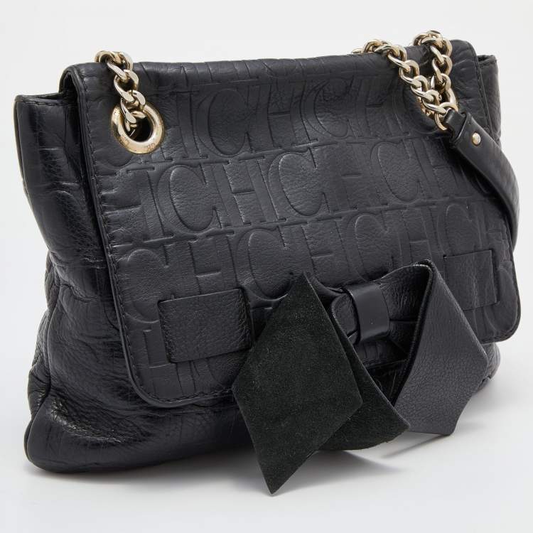 Pre Owned CH Carolina Herrera Black Monogram Leather Audrey Flap Shoulder Bag