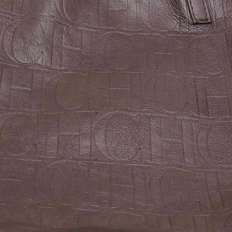 Pre Owned CH Carolina Herrera Dark Brown Embossed Leather Matryoshka Tote