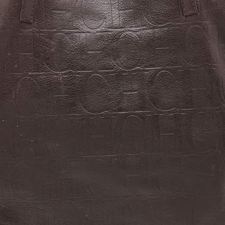 Pre Owned CH Carolina Herrera Dark Brown Embossed Leather Matryoshka Tote
