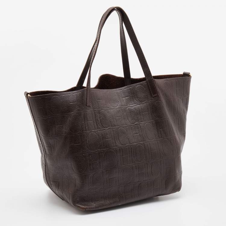 Pre Owned CH Carolina Herrera Dark Brown Embossed Leather Matryoshka Tote