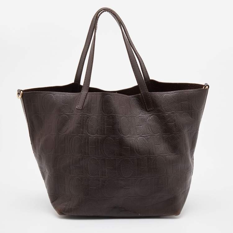 Pre Owned CH Carolina Herrera Dark Brown Embossed Leather Matryoshka Tote