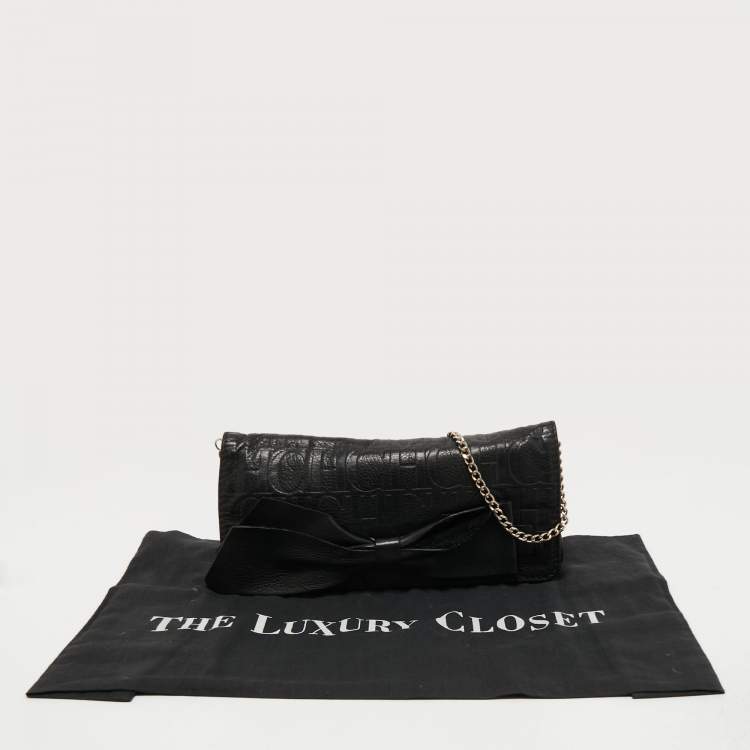 Pre Owned CH Carolina Herrera Black Monogram Embossed Leather Bow Chain Clutch 