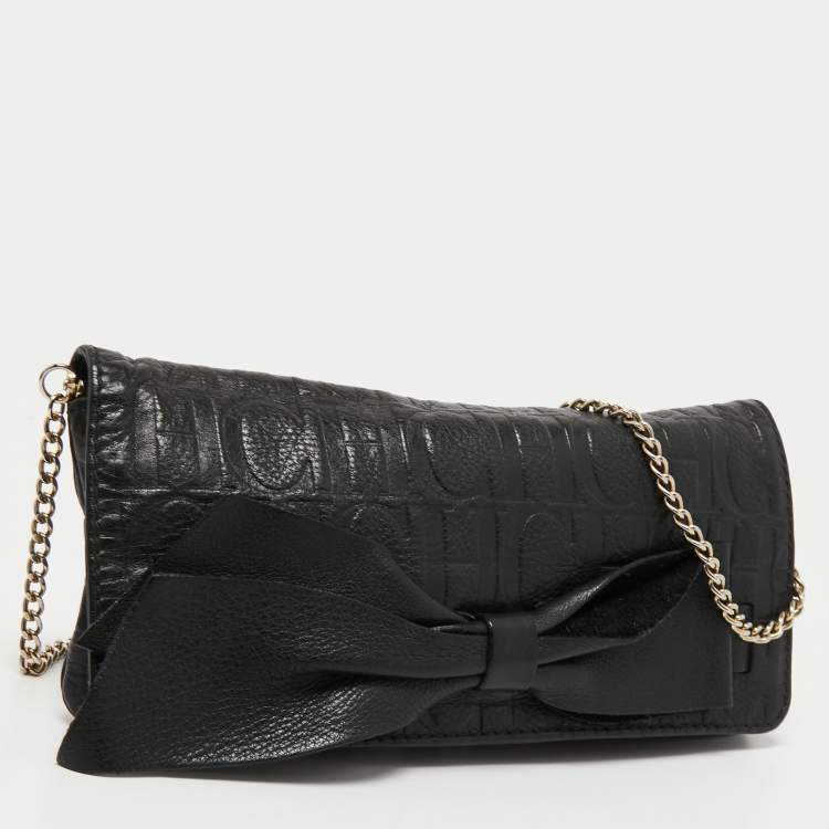 Pre Owned CH Carolina Herrera Black Monogram Embossed Leather Bow Chain Clutch 