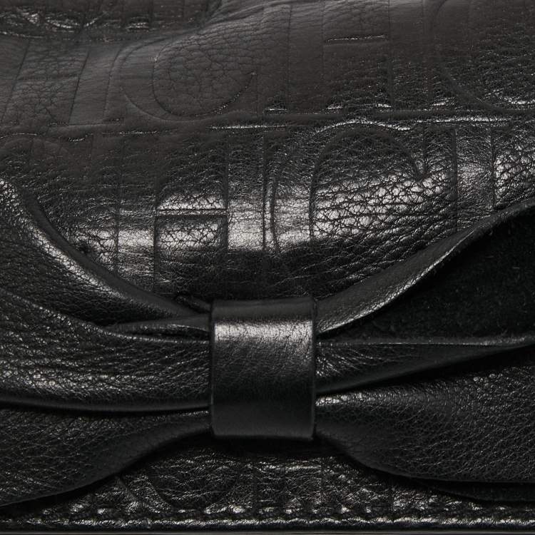 Pre Owned CH Carolina Herrera Black Monogram Embossed Leather Bow Chain Clutch 