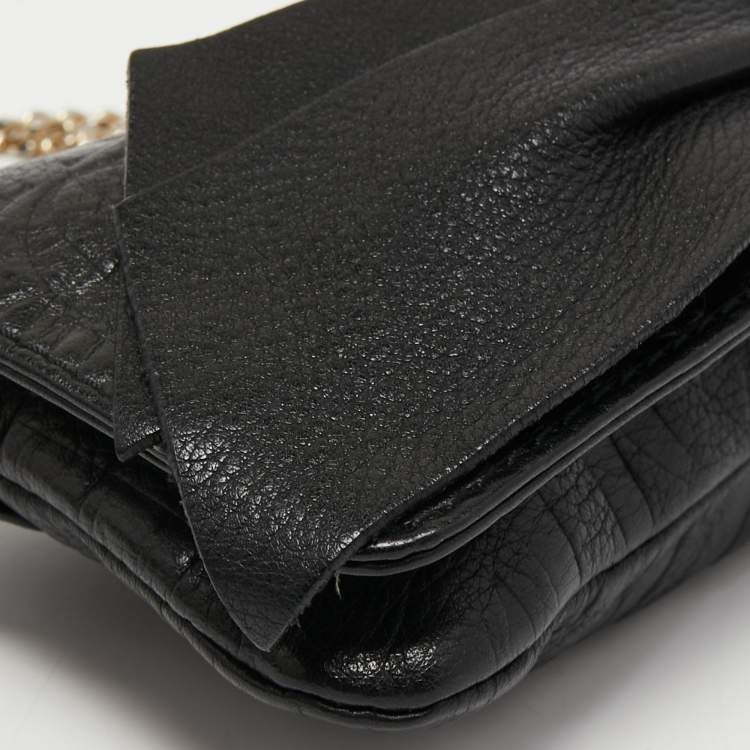 Pre Owned CH Carolina Herrera Black Monogram Embossed Leather Bow Chain Clutch 