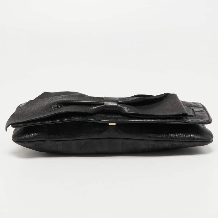 Pre Owned CH Carolina Herrera Black Monogram Embossed Leather Bow Chain Clutch 