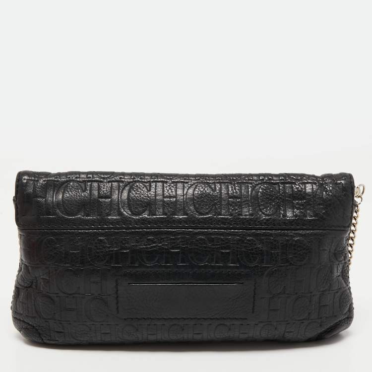 Pre Owned CH Carolina Herrera Black Monogram Embossed Leather Bow Chain Clutch