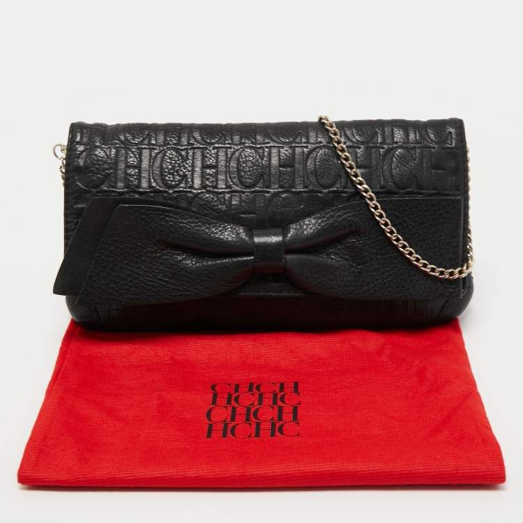 Pre Owned CH Carolina Herrera Black Monogram Embossed Leather Bow Chain Clutch