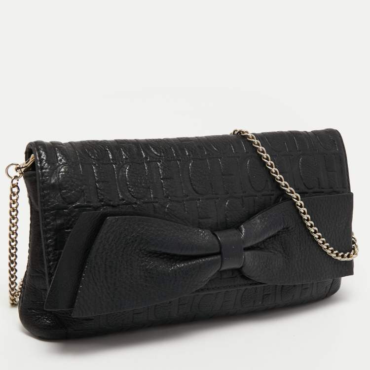 Pre Owned CH Carolina Herrera Black Monogram Embossed Leather Bow Chain Clutch