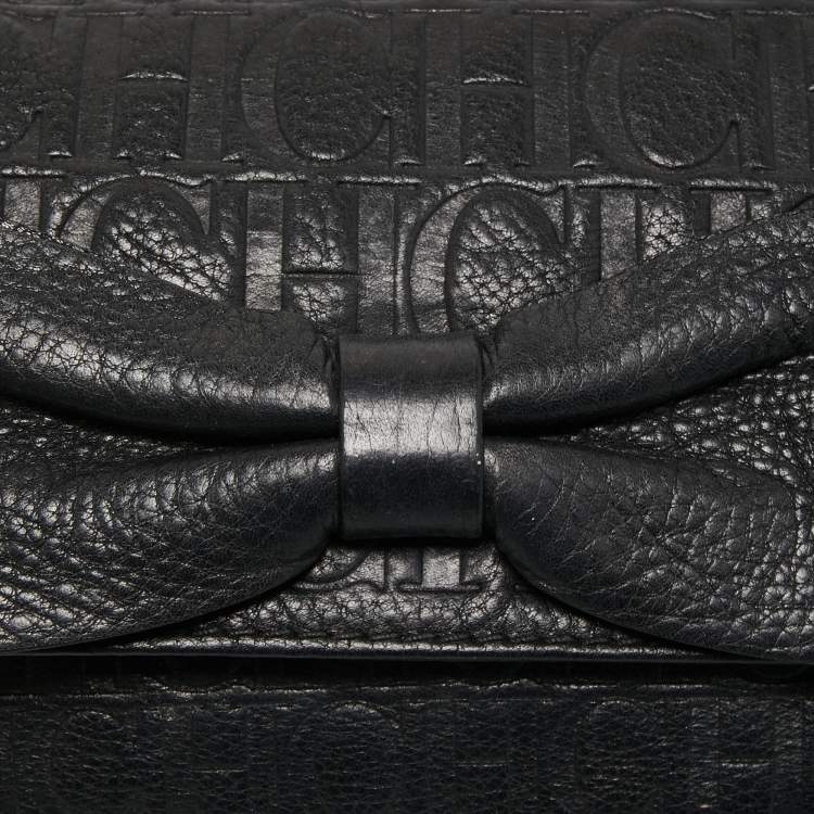 Pre Owned CH Carolina Herrera Black Monogram Embossed Leather Bow Chain Clutch