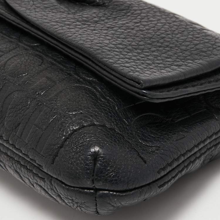 Pre Owned CH Carolina Herrera Black Monogram Embossed Leather Bow Chain Clutch