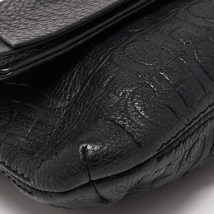 Pre Owned CH Carolina Herrera Black Monogram Embossed Leather Bow Chain Clutch