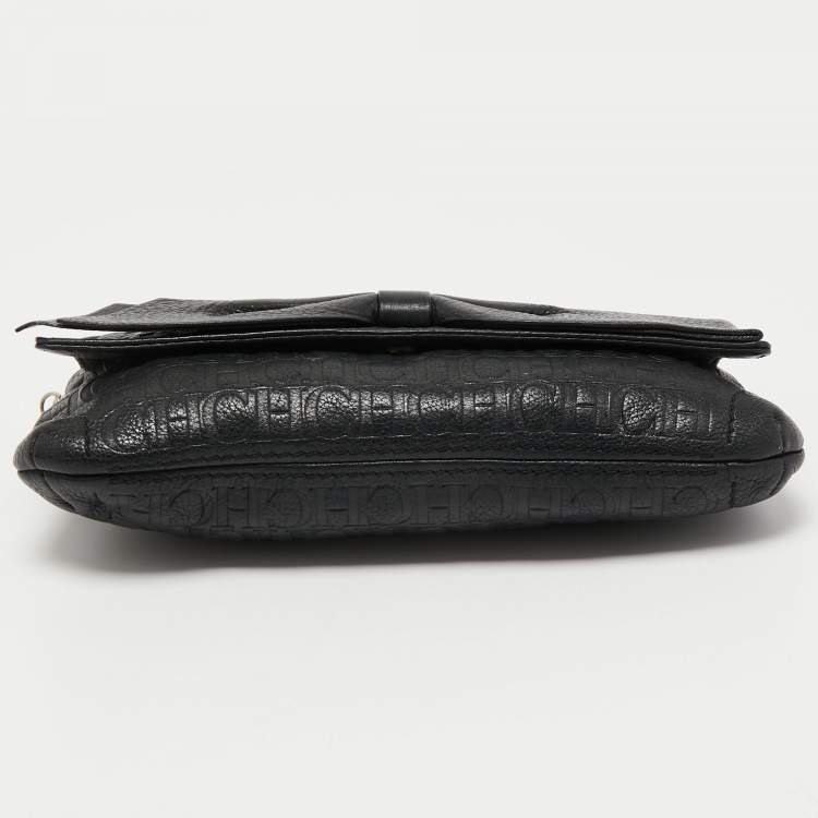 Pre Owned CH Carolina Herrera Black Monogram Embossed Leather Bow Chain Clutch