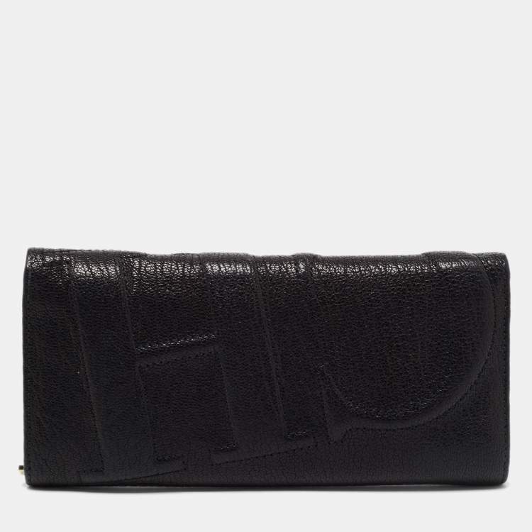 Pre Owned CH Carolina Herrera Black Embossed Leather Flap Continental Wallet