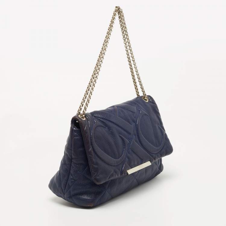 Pre Owned CH Carolina Herrera Blue Quilted Leather Flap Chain Shoulder Bag