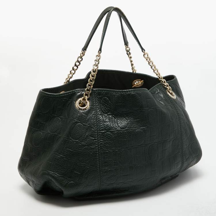 Pre Owned CH Carolina Herrera Green Monogram Leather Chain Bag