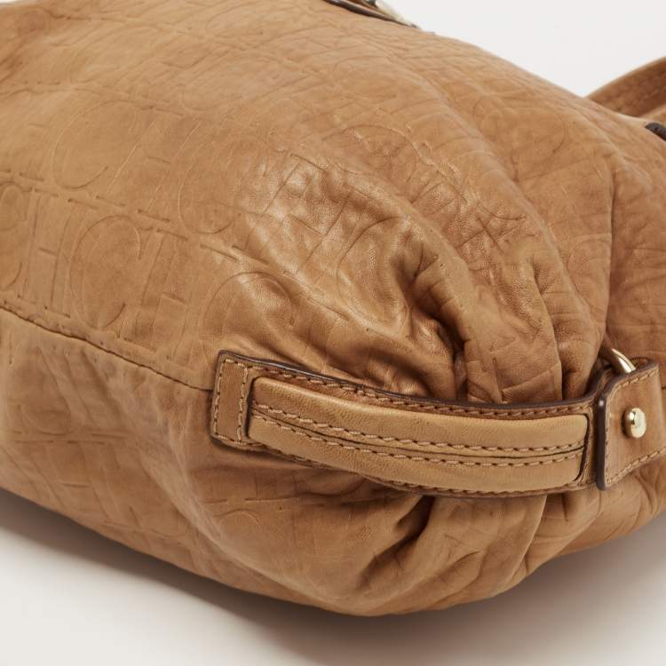 Pre Owned CH Carolina Herrera Beige Monogram Leather Hobo with Wallet